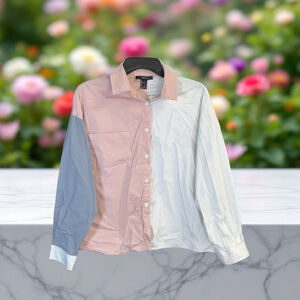 Forever 21 Gray, White, Pink Block Button Shirt w Spandex Women Small